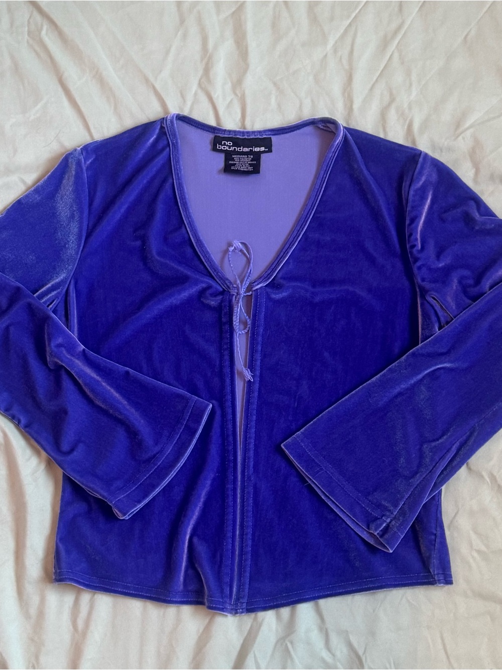 No Boundaries Royal Purple Velvet Tie-Front Cardigan with Bell Sleeves